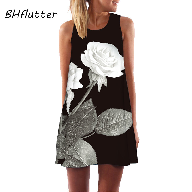 New Arrival Rose Print Sleeveless Summer Dress