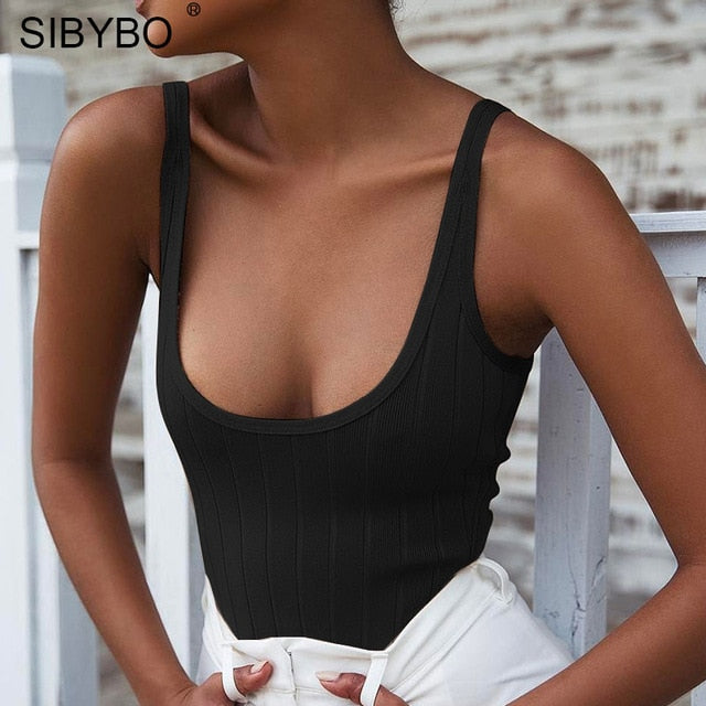 SIBYBO Ribbed Knitted Sexy Bodysuits Women Black
