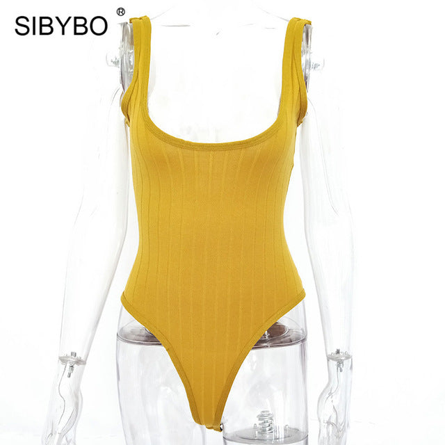 SIBYBO Ribbed Knitted Sexy Bodysuits Women Black