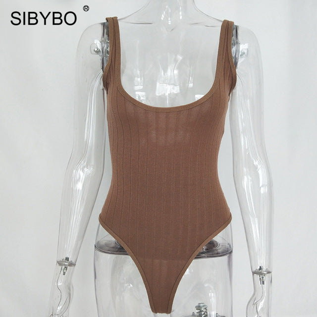 SIBYBO Ribbed Knitted Sexy Bodysuits Women Black
