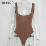 SIBYBO Ribbed Knitted Sexy Bodysuits Women Black