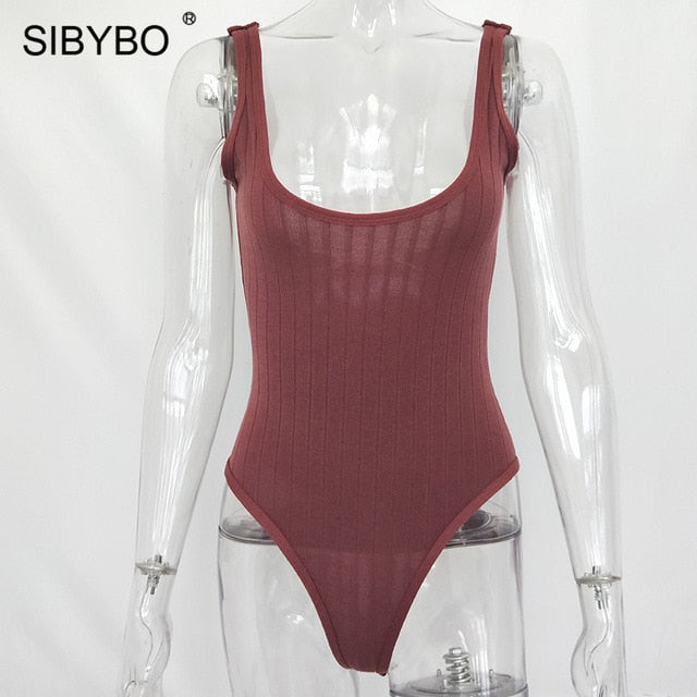 SIBYBO Ribbed Knitted Sexy Bodysuits Women Black