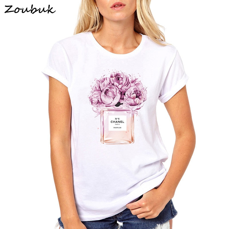 Summer Tops Women Flower Perfume t shirt