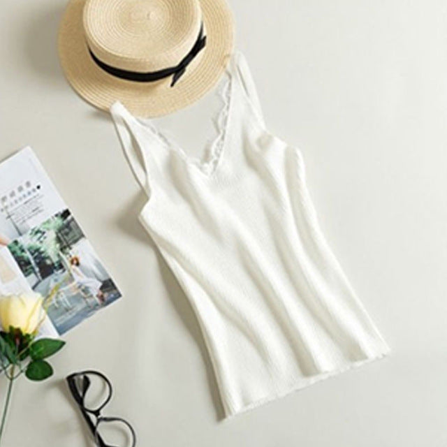 Spring New Hook Flower Lace Solid Stitching V-neck