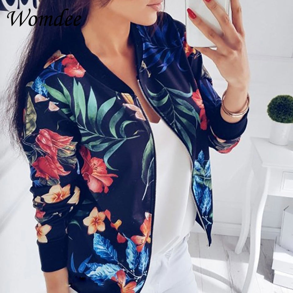 Women Coat Retro Floral Print Zipper Up Jacket