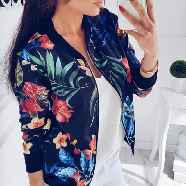 Women Coat Retro Floral Print Zipper Up Jacket