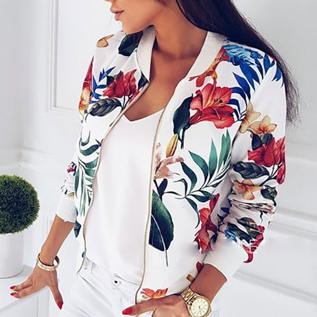 Women Coat Retro Floral Print Zipper Up Jacket