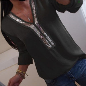 V-neck Sequins Chiffon Blouse Shirt Spring Summer