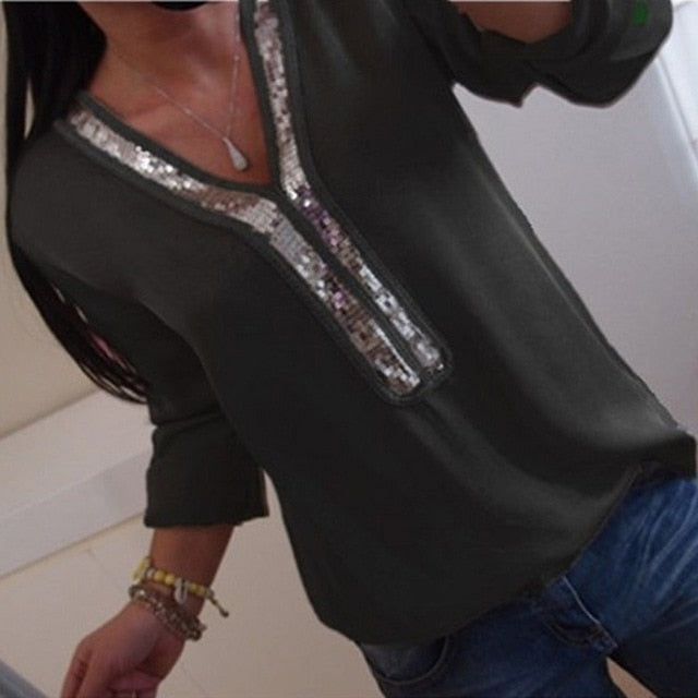 V-neck Sequins Chiffon Blouse Shirt Spring Summer