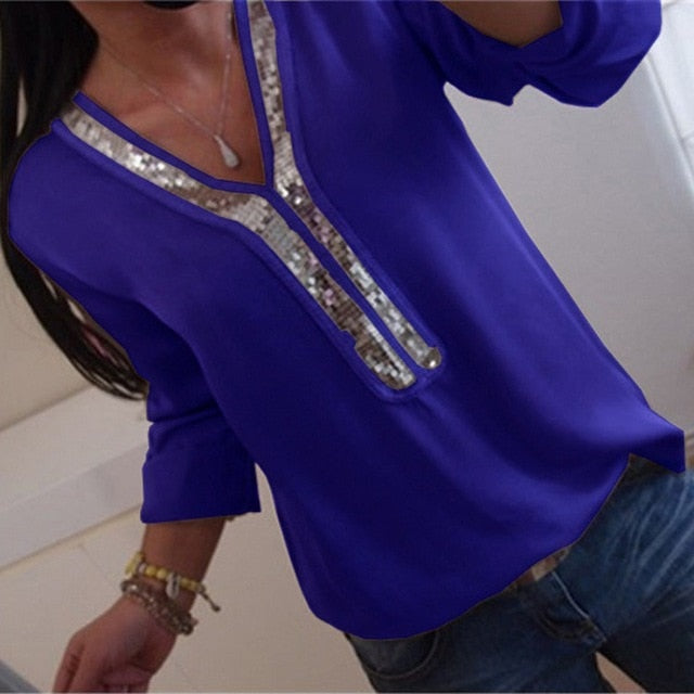 V-neck Sequins Chiffon Blouse Shirt Spring Summer