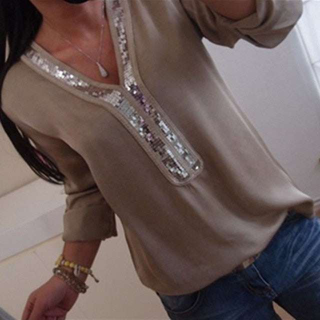 V-neck Sequins Chiffon Blouse Shirt Spring Summer