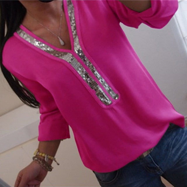 V-neck Sequins Chiffon Blouse Shirt Spring Summer
