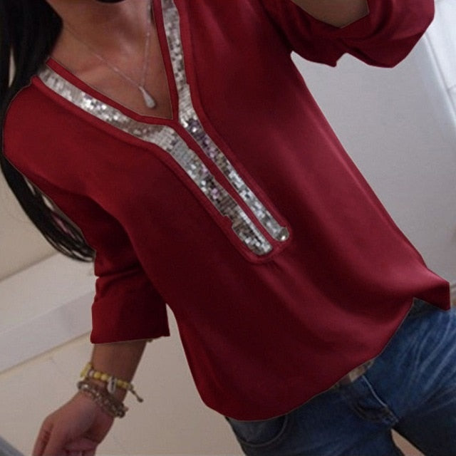V-neck Sequins Chiffon Blouse Shirt Spring Summer
