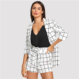 Sheinside Black and White Plaid Notched Blazers
