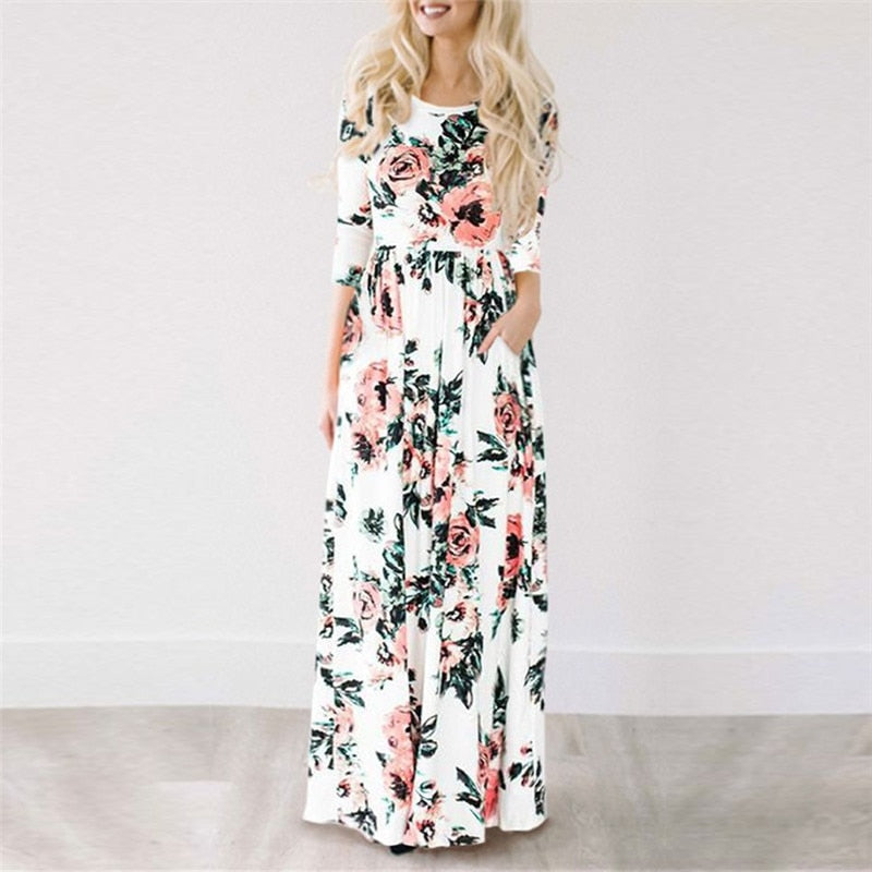 Summer Long Dress Floral Print Beach Dress Tunic Maxi Dress