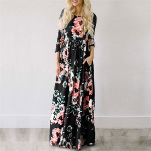 Summer Long Dress Floral Print Beach Dress Tunic Maxi Dress