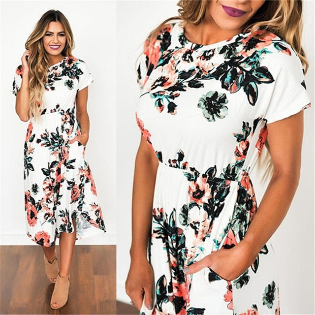 Summer Long Dress Floral Print Beach Dress Tunic Maxi Dress