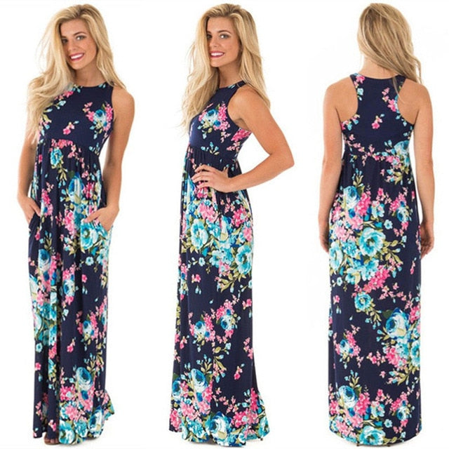 Summer Long Dress Floral Print Beach Dress Tunic Maxi Dress