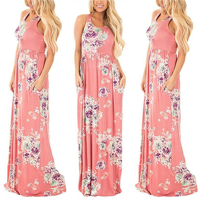 Summer Long Dress Floral Print Beach Dress Tunic Maxi Dress