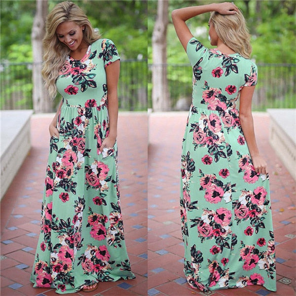 Summer Long Dress Floral Print Beach Dress Tunic Maxi Dress