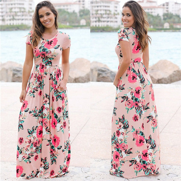 Summer Long Dress Floral Print Beach Dress Tunic Maxi Dress