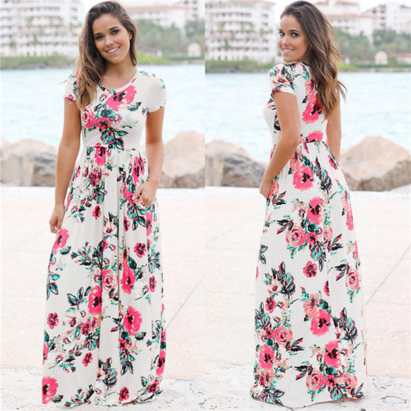 Summer Long Dress Floral Print Beach Dress Tunic Maxi Dress