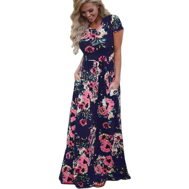 Women Long Maxi Dress Summer Floral Print Beach Dress
