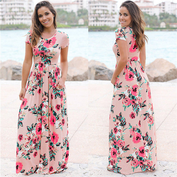 Women Long Maxi Dress Summer Floral Print Beach Dress