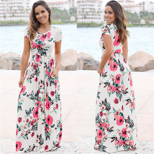 Women Long Maxi Dress Summer Floral Print Beach Dress