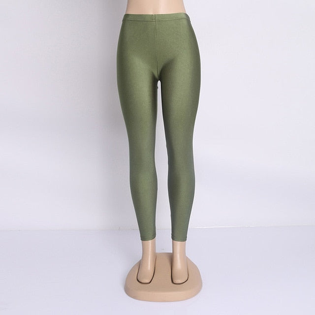 Women Solid Color Fluorescent Shiny Pant Leggings