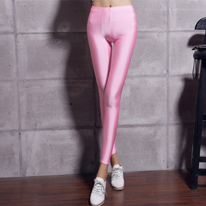 Women Solid Color Fluorescent Shiny Pant Leggings