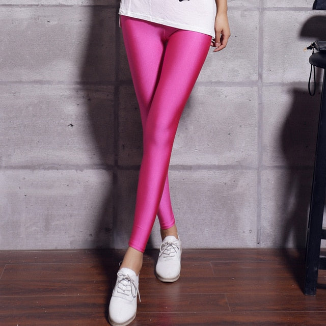 Women Solid Color Fluorescent Shiny Pant Leggings