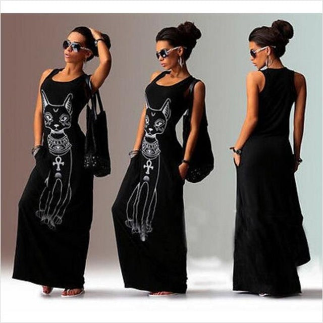 Women Summer Long Maxi Dress Casual Cat Print
