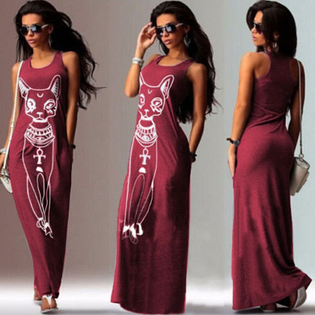 Women Summer Long Maxi Dress Casual Cat Print