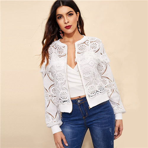 White Elegant Hollowed Out Lace Jacket