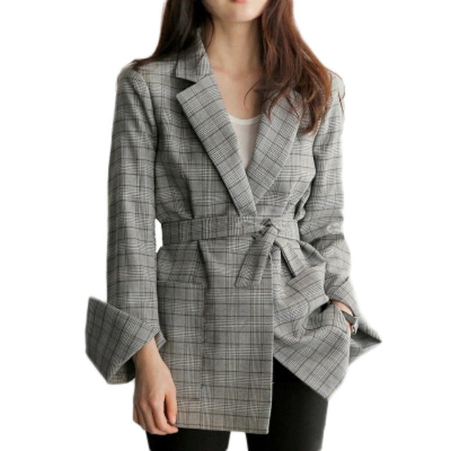 Spring Autumn Women Gray Plaid Office