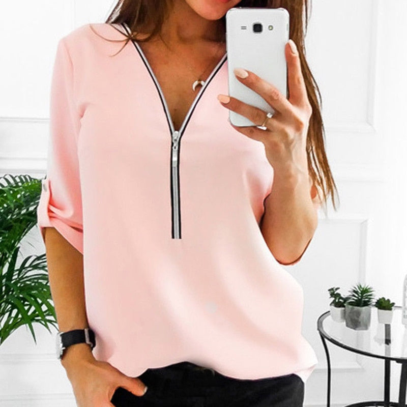 Spring Summer Chiffon Blouse Top V Collar