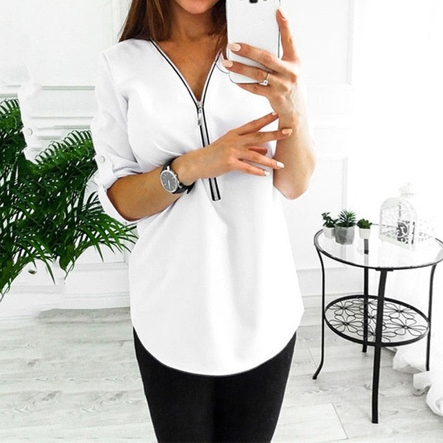 Spring Summer Chiffon Blouse Top V Collar