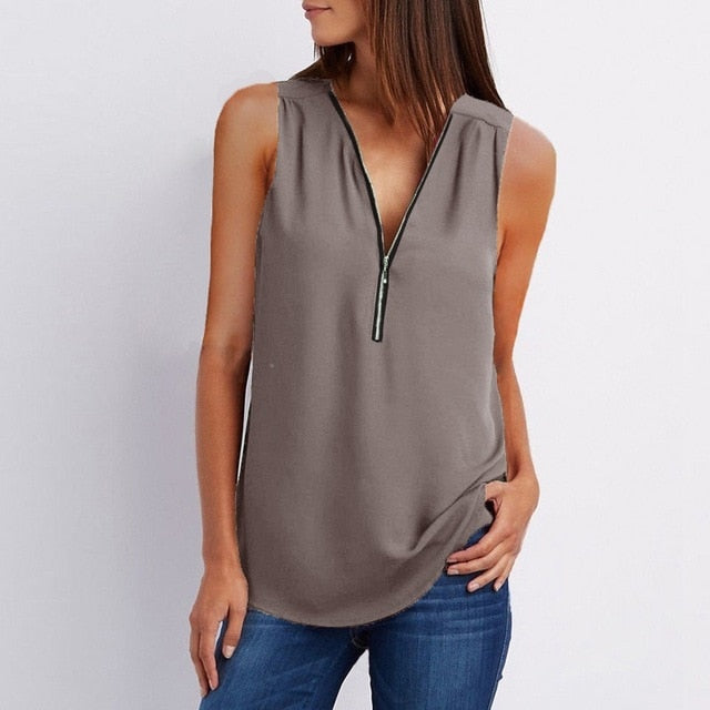 Spring Summer Chiffon Blouse Top V Collar