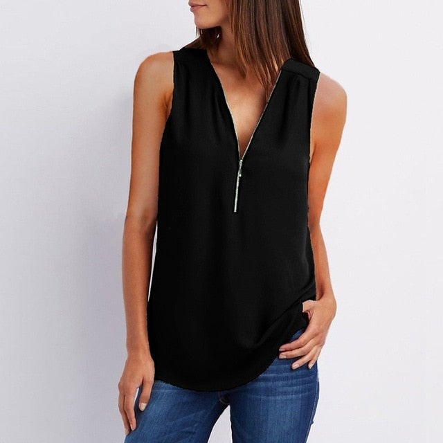 Spring Summer Chiffon Blouse Top V Collar