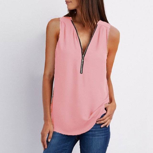 Spring Summer Chiffon Blouse Top V Collar
