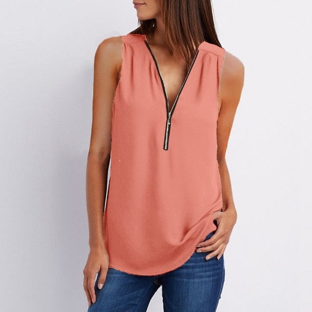 Spring Summer Chiffon Blouse Top V Collar
