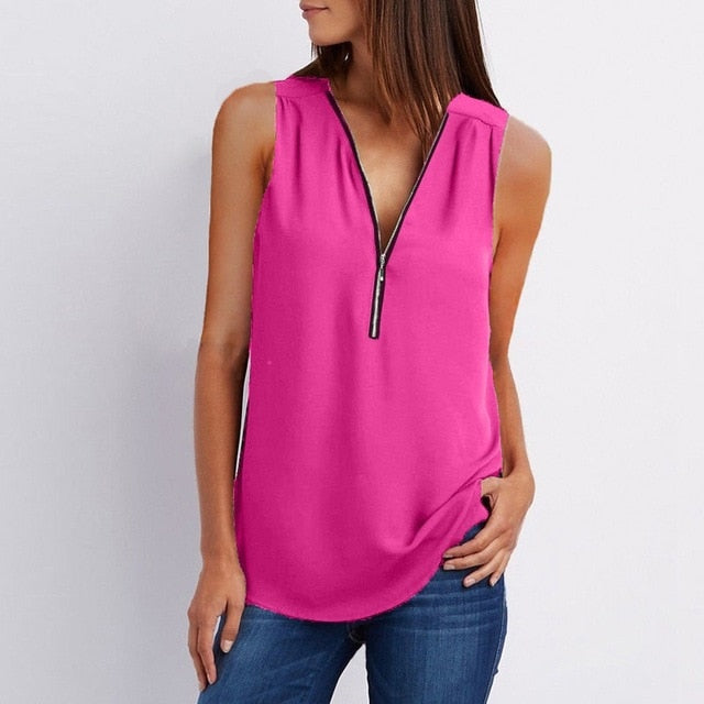 Spring Summer Chiffon Blouse Top V Collar