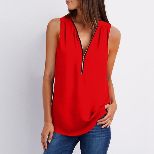 Spring Summer Chiffon Blouse Top V Collar