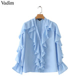 Vadim women sweet ruffled chiffon blouse V neck long sleeve